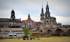 Dresden from across the Elbe - Catholic cathedral and Augustus Bridge