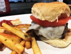 mushroom-swiss slider with small portion of fries